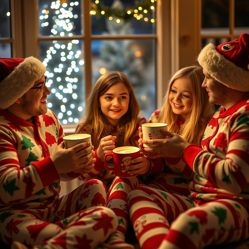 Family in matching Christmas pajamas enjoying hot chocolate on a winter night