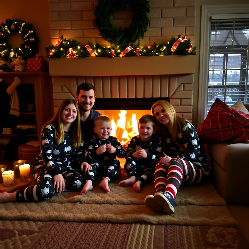 Family in matching Christmas PJs by the fireplace