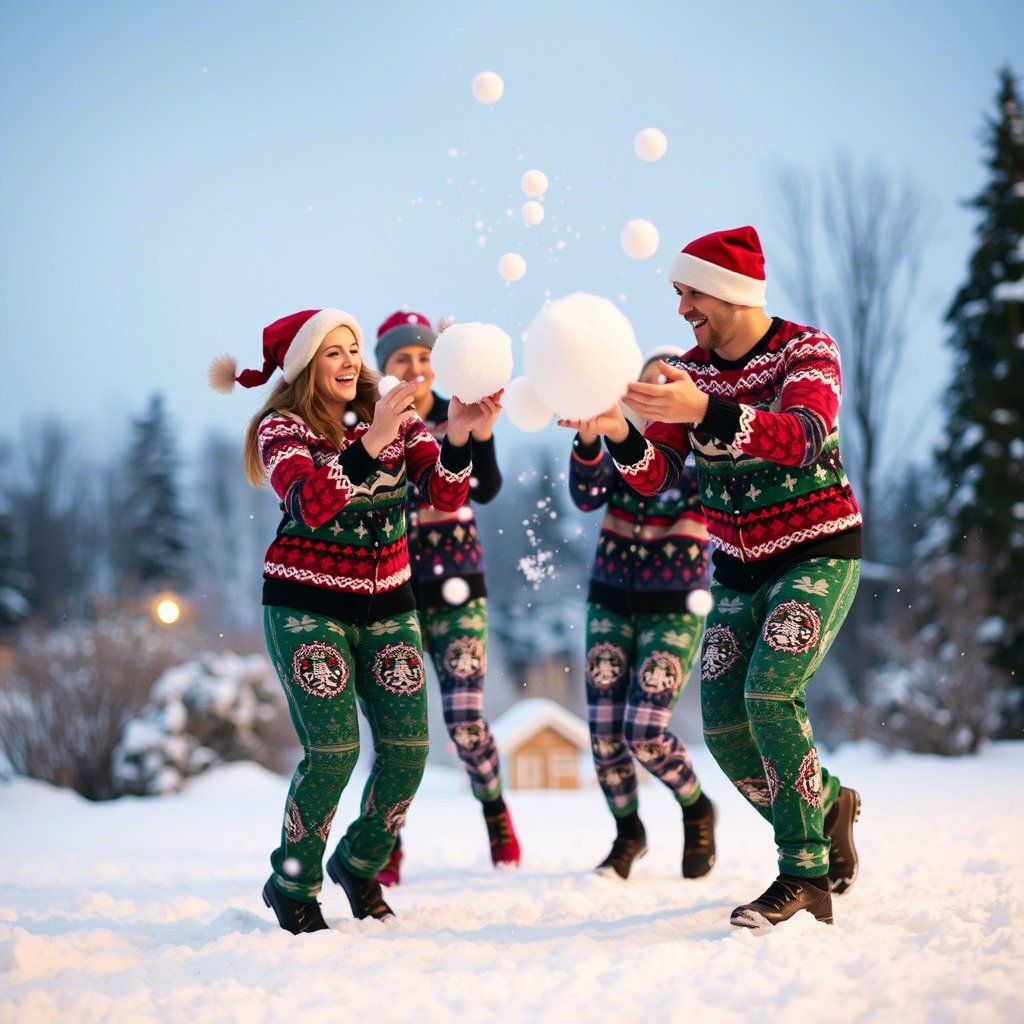 Family in matching Christmas PJs having a snowball fight