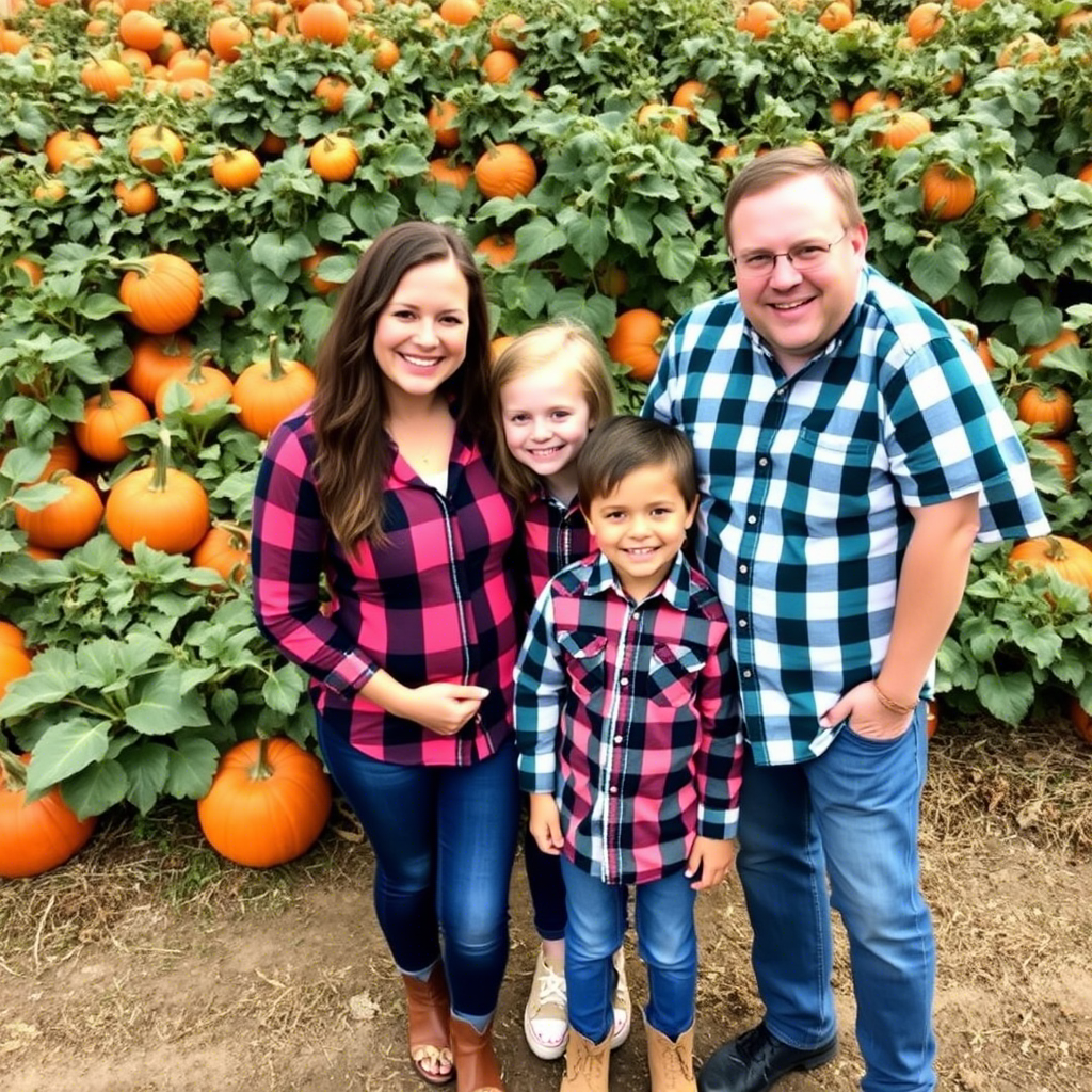 Family in matching plaid shirts posing in front of a pumpkin patch