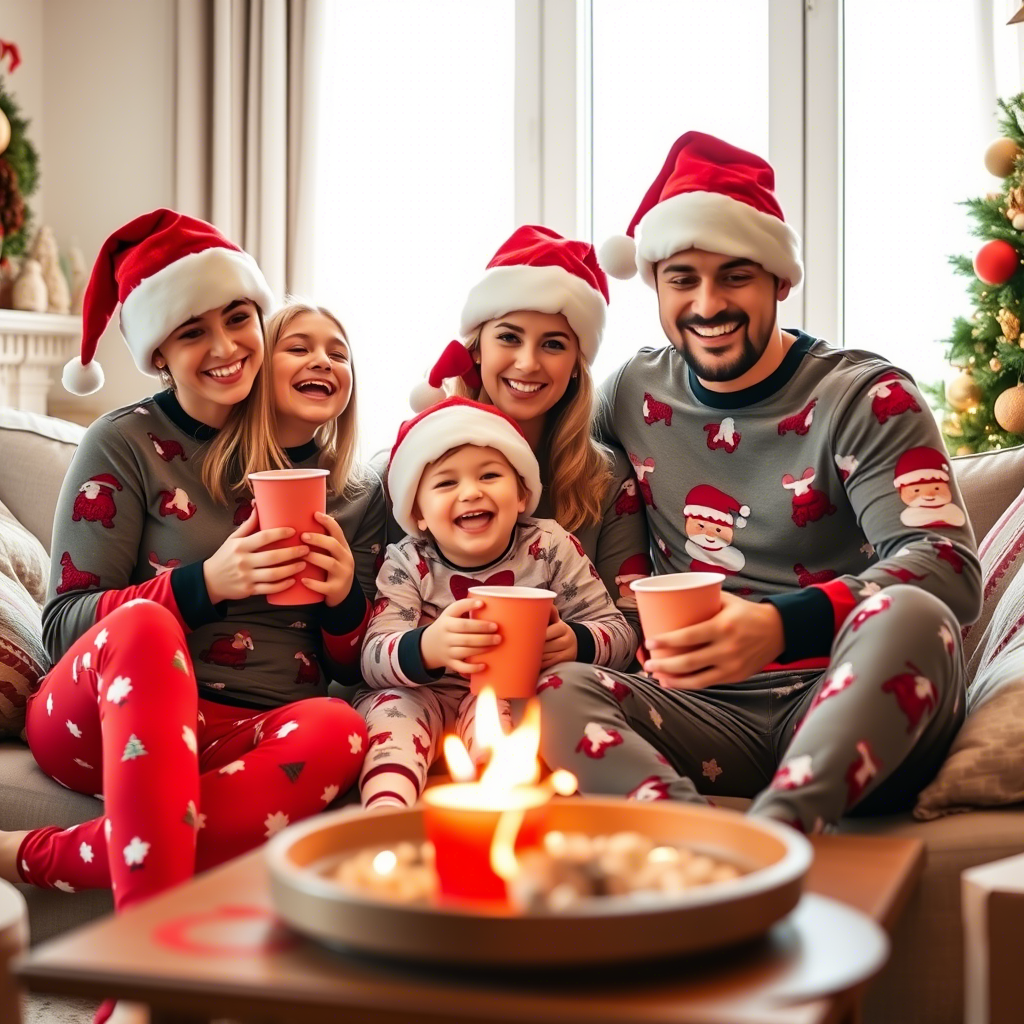Family in matching Santa hat PJs having a fun Christmas morning