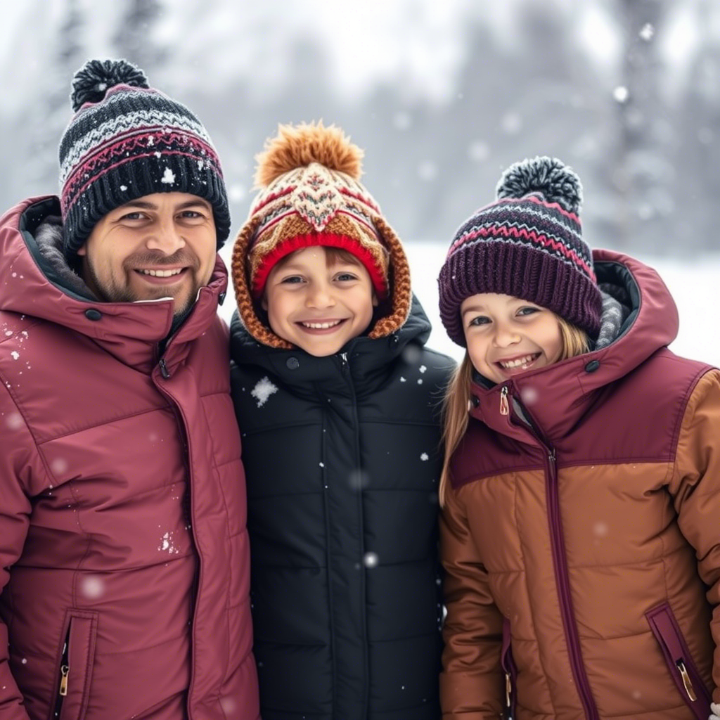Family in winter jackets and hats enjoying snow together