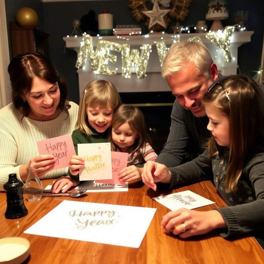 Family making glittery handmade New Year’s cards together at home