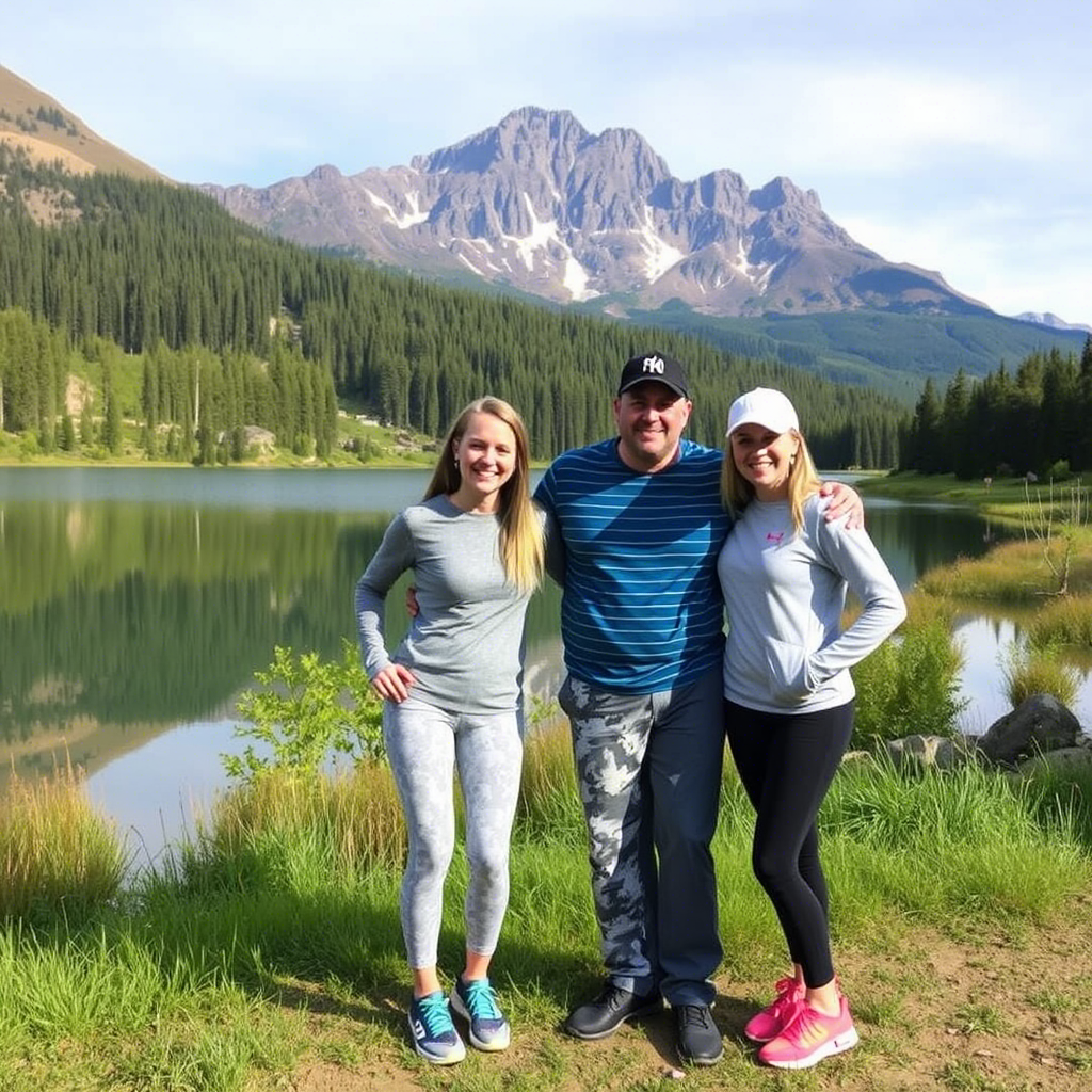 Family matching athleisure wear posing in front of a scenic lake