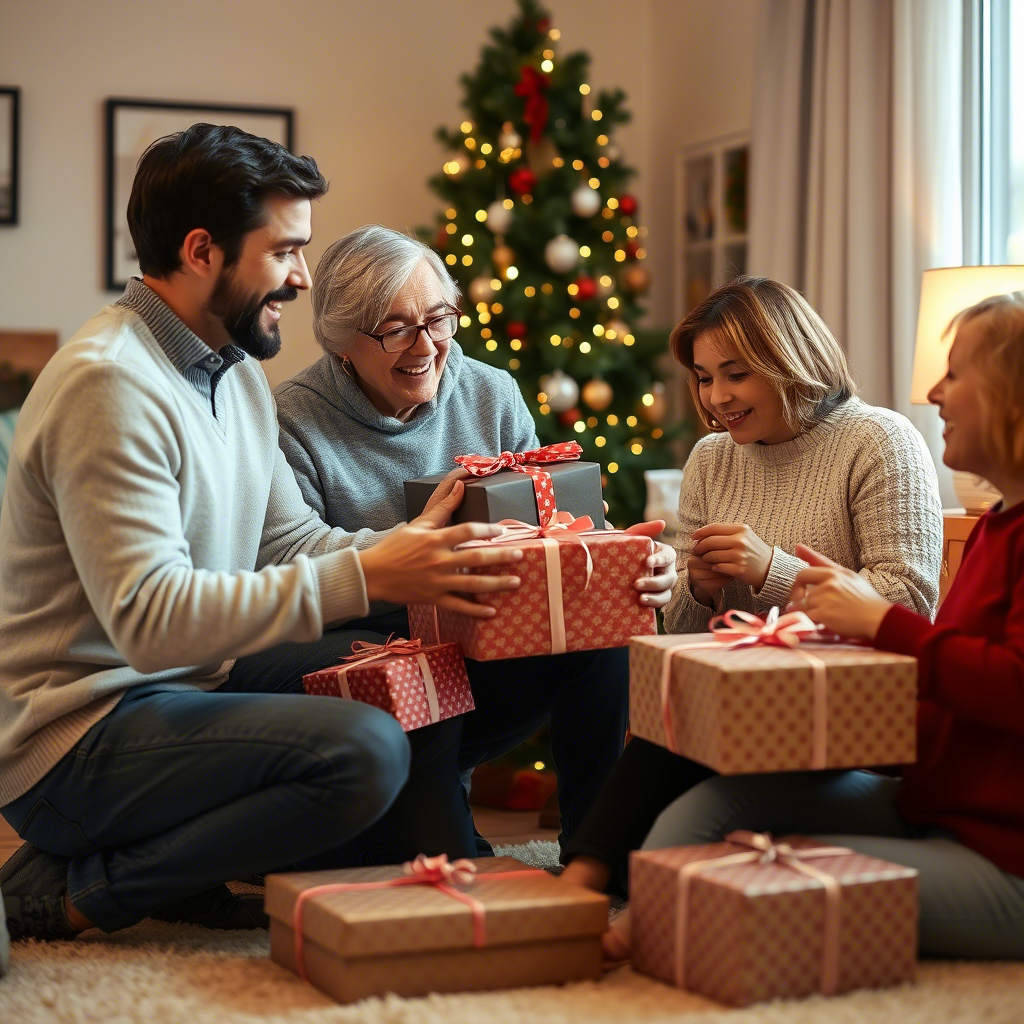 Family members exchanging wrapped presents on holiday morning