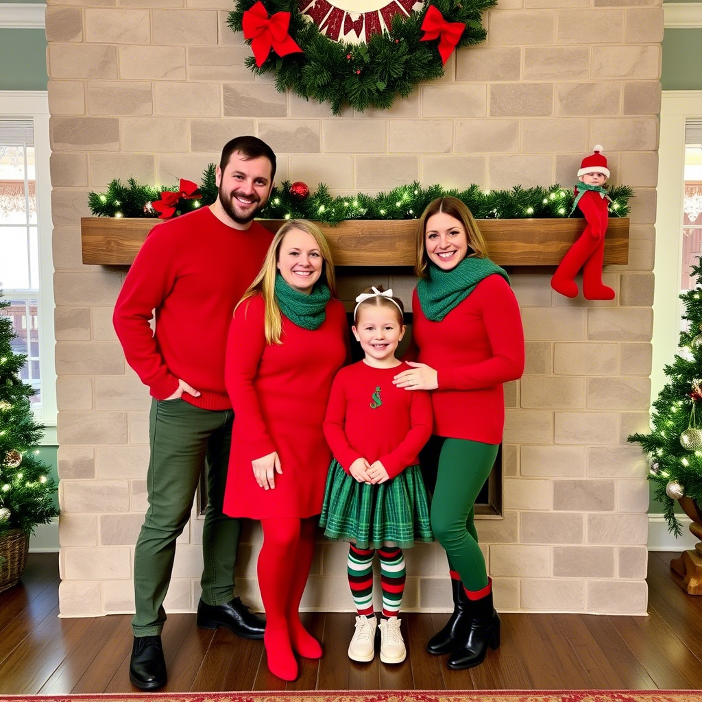 Family members in matching red and green outfits posing by a fireplace