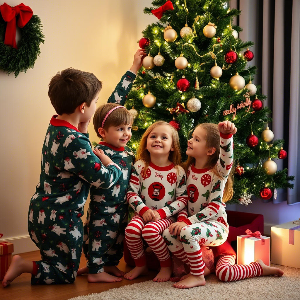 Family of kids in matching Christmas pajamas decorating the tree together