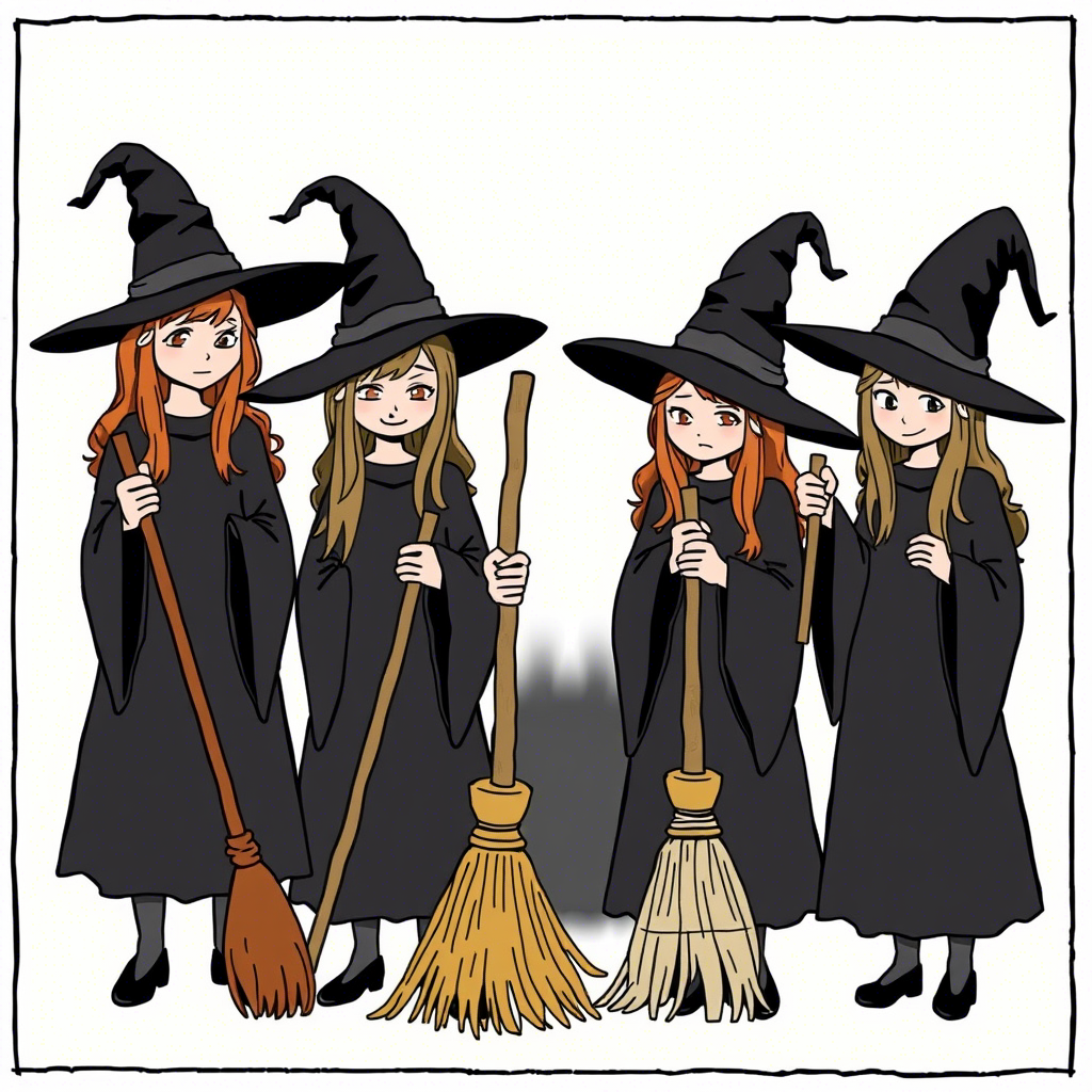 Family of witches with brooms and black hats