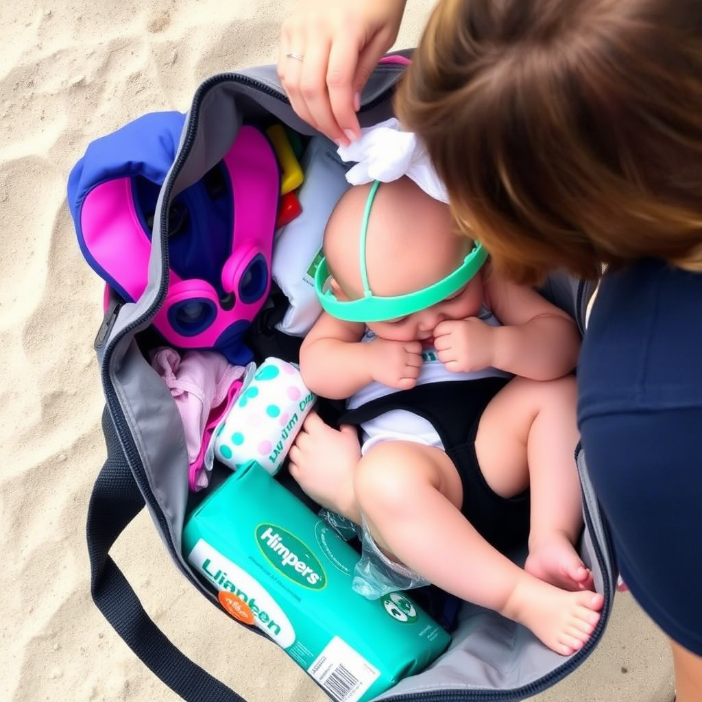 Family packing a beach bag with baby gear and swim diapers