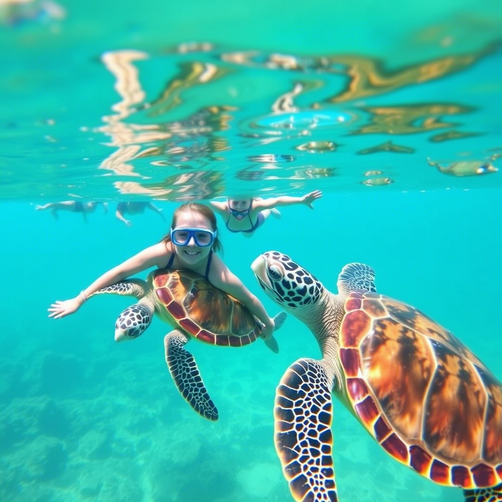 Family snorkeling in clear Waikiki waters with sea turtles