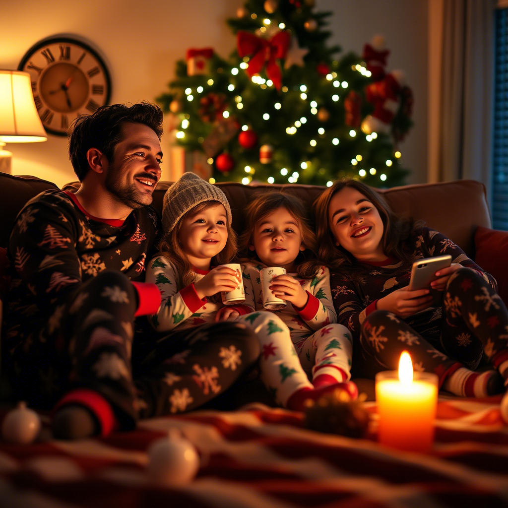 Family snuggled up in Christmas pajamas watching a holiday movie