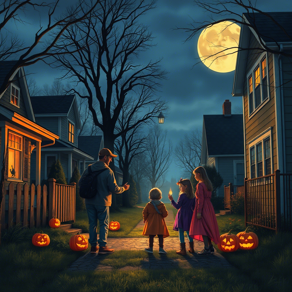 Family trick-or-treating in a spooky neighborhood at dusk