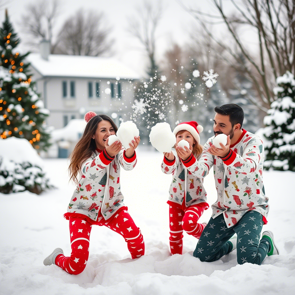 Family wearing matching Christmas pajamas having a snowball fight