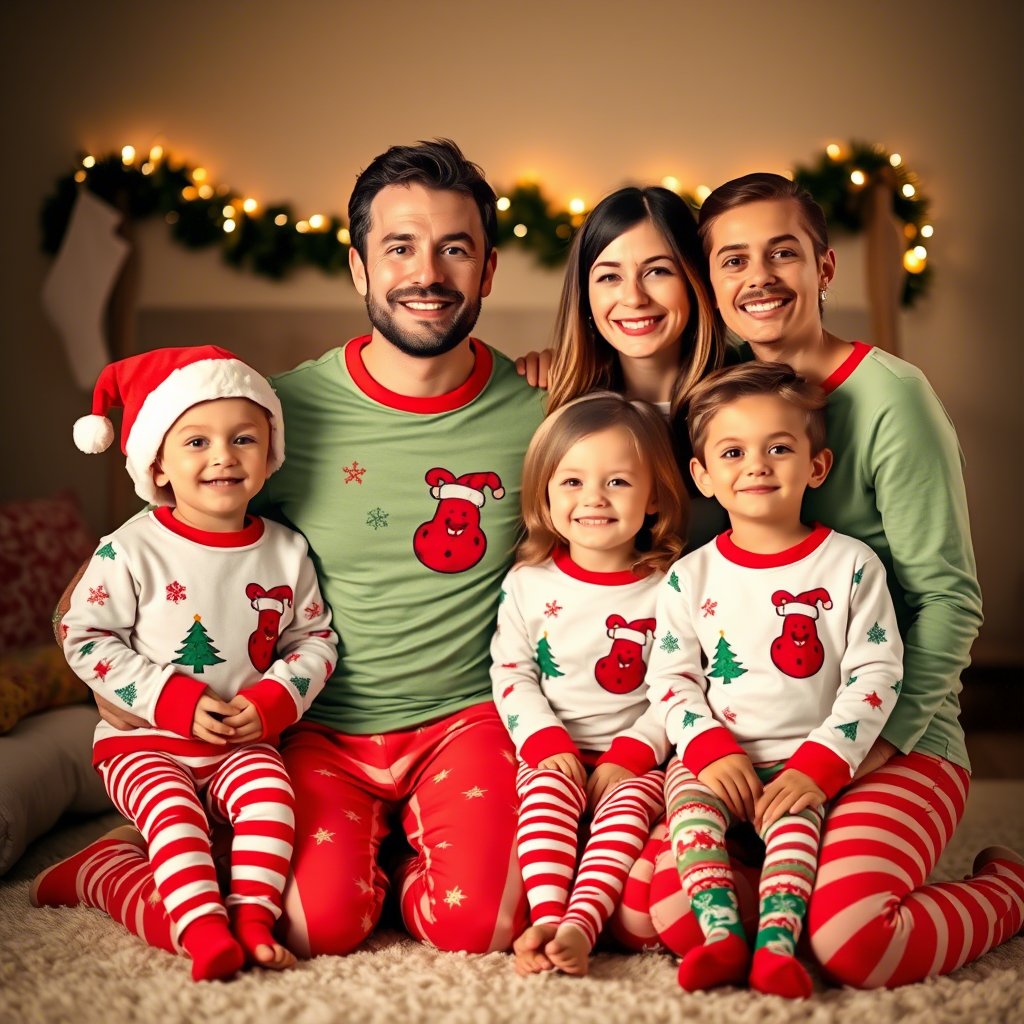 Family wearing matching Christmas pajamas, smiling together