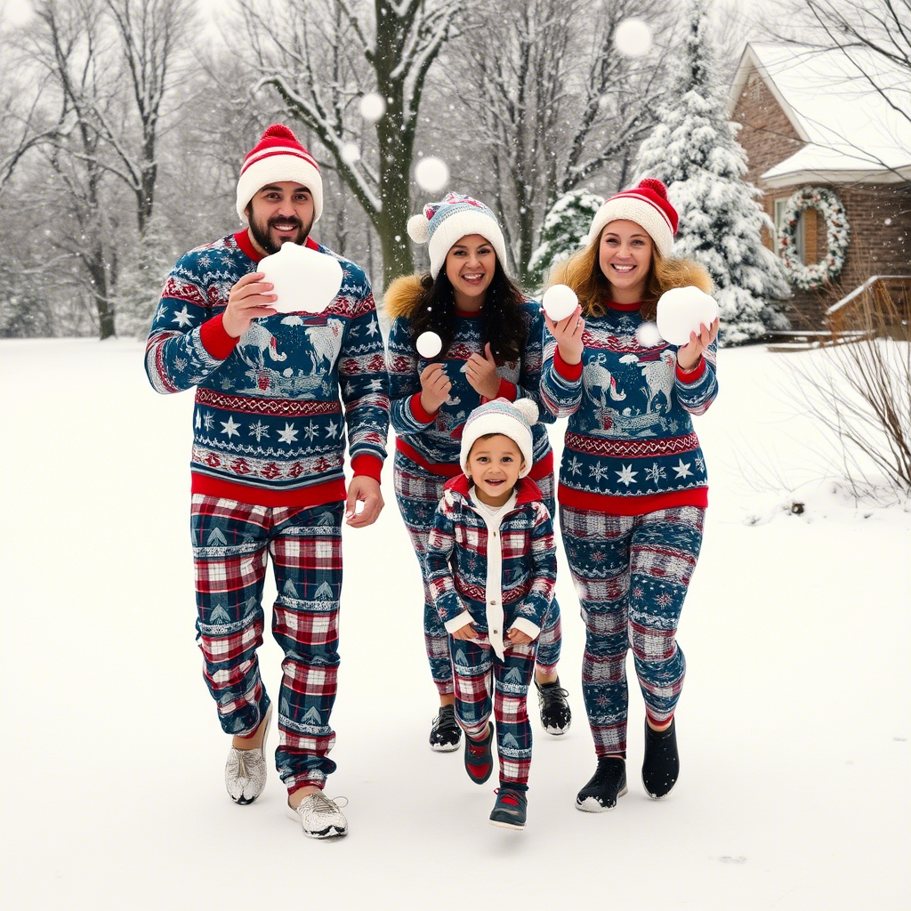 Family wearing matching Christmas PJs, having a snowball fight