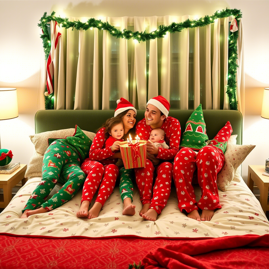 Family wearing matching festive sleepwear having a holiday movie night