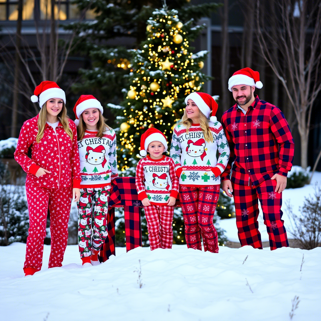 Family wearing matching Santa hats and Christmas PJs outdoors