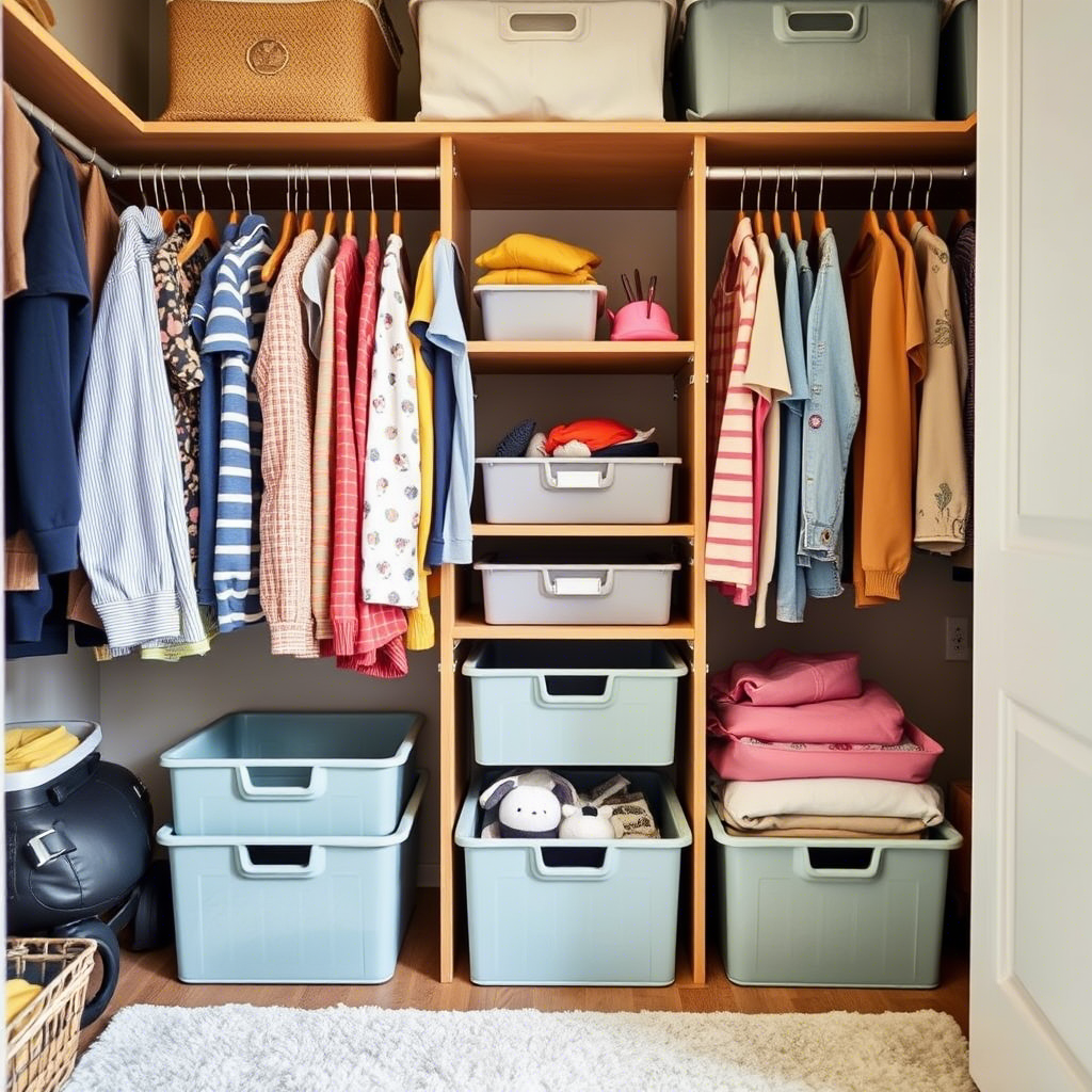 Family’s organized wardrobe with kid-friendly storage bins