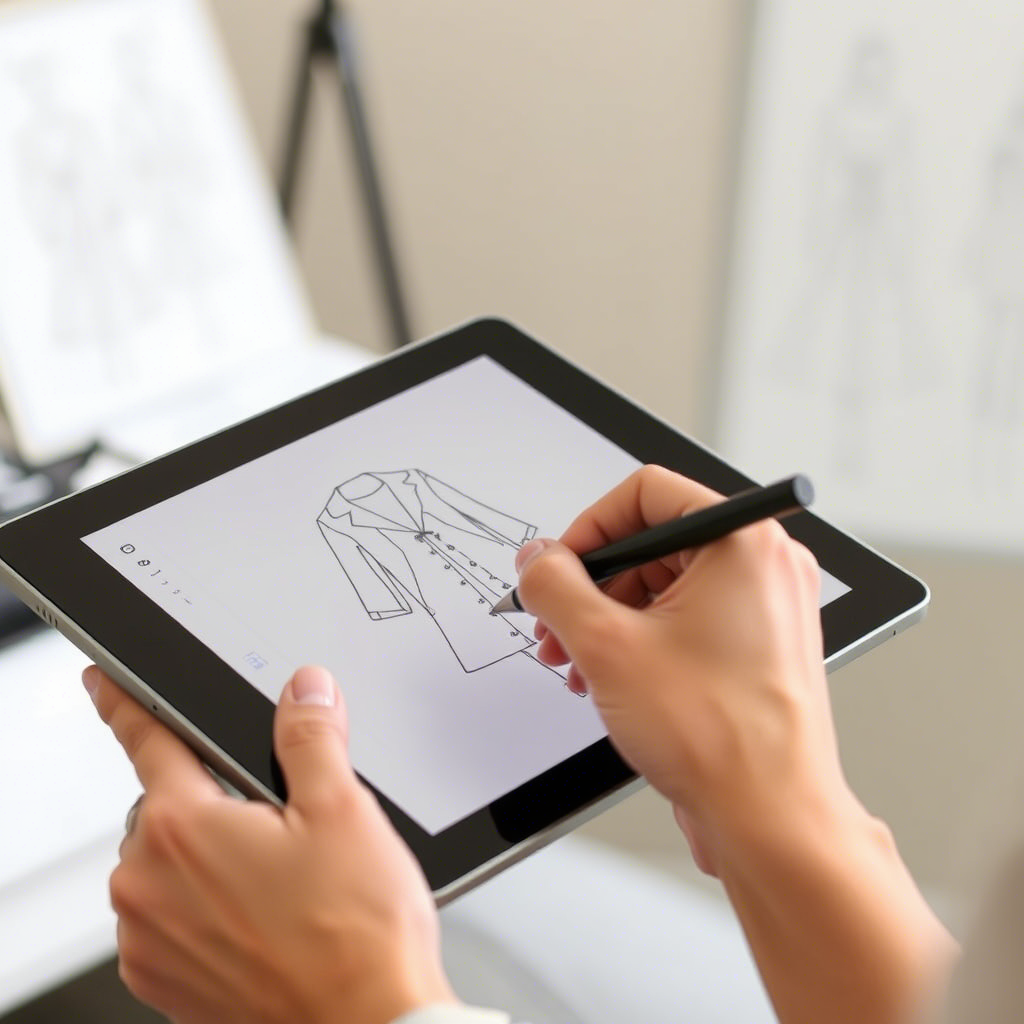 Fashion designer sketching custom apparel designs on a digital tablet