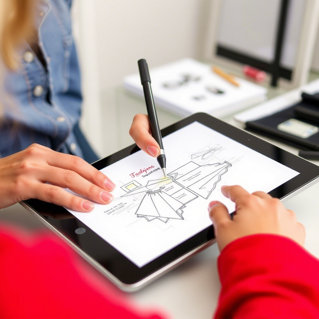 Fashion designer sketching custom clothing designs on a digital tablet