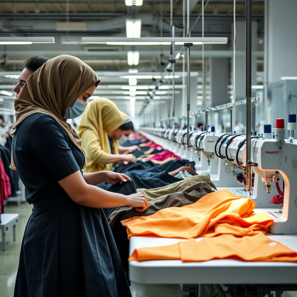 Fashion factory workers inspecting garments on production line
