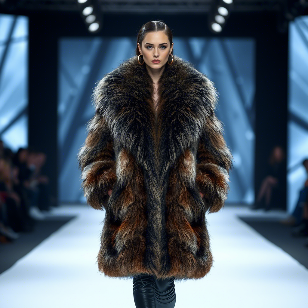 Fashion model showcasing a luxurious fur coat on a winter runway