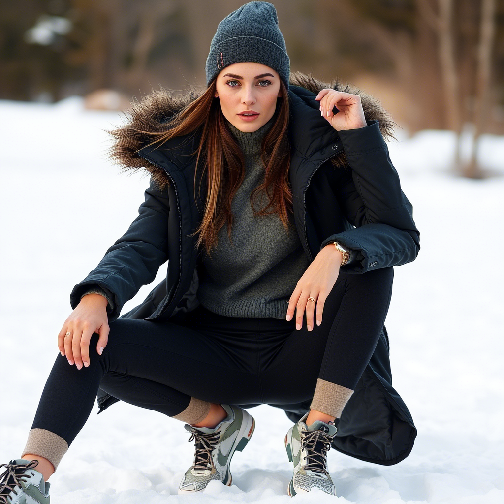Fashion model showcasing legwear for winter sports
