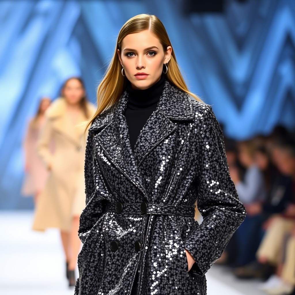 Fashion model showcasing shiny coat with sequins in winter fashion show