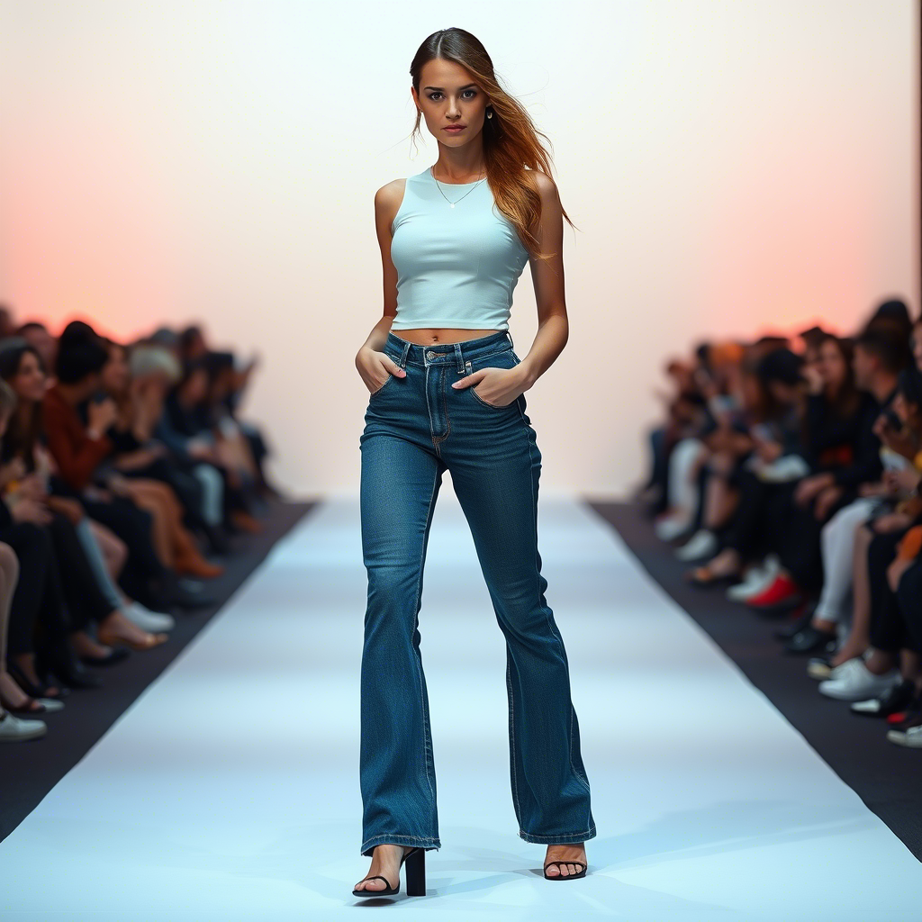 Fashion model showcasing wholesale jeans and leggings on a catwalk