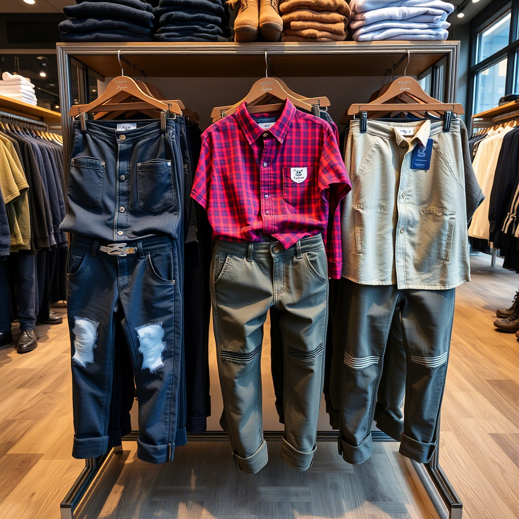 Fashionable boy’s pants displayed on a rack in a clothing store