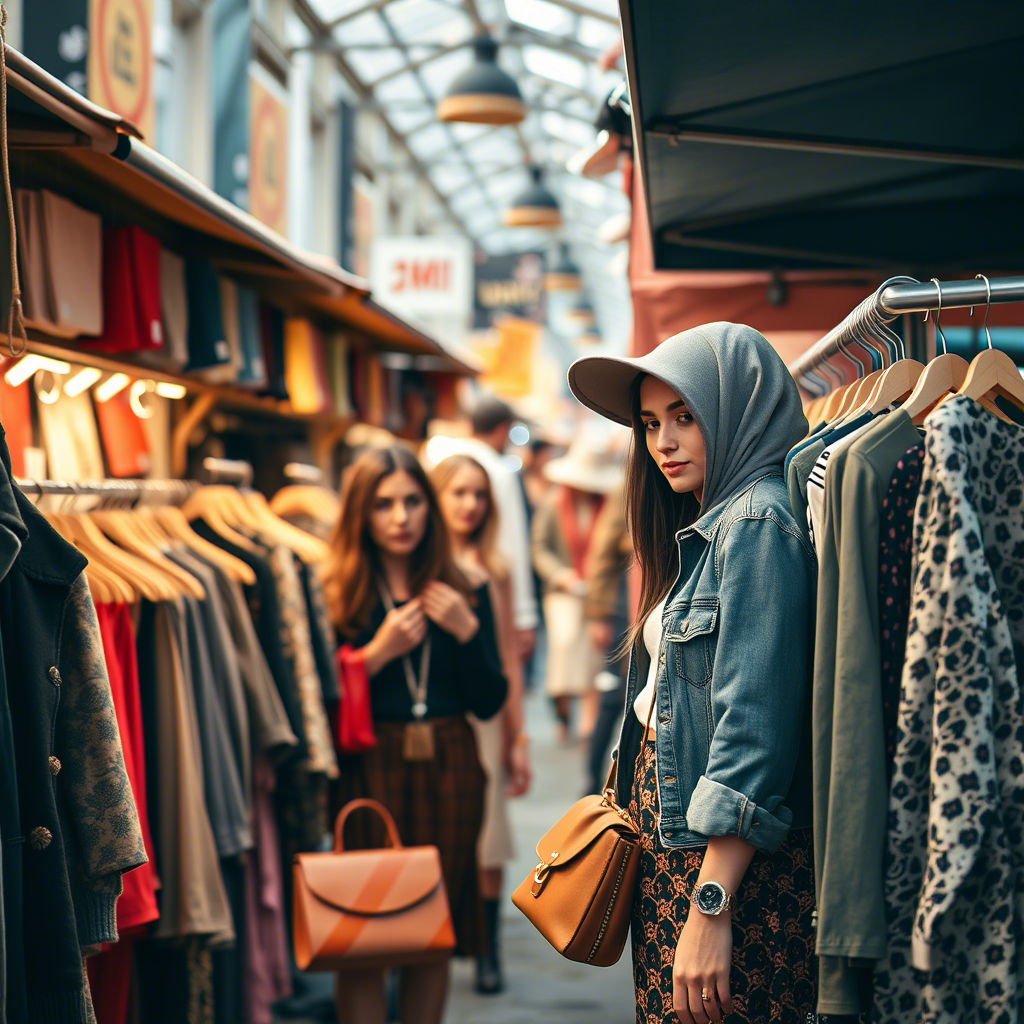 Fashionable clothing vendors at a bustling market stall