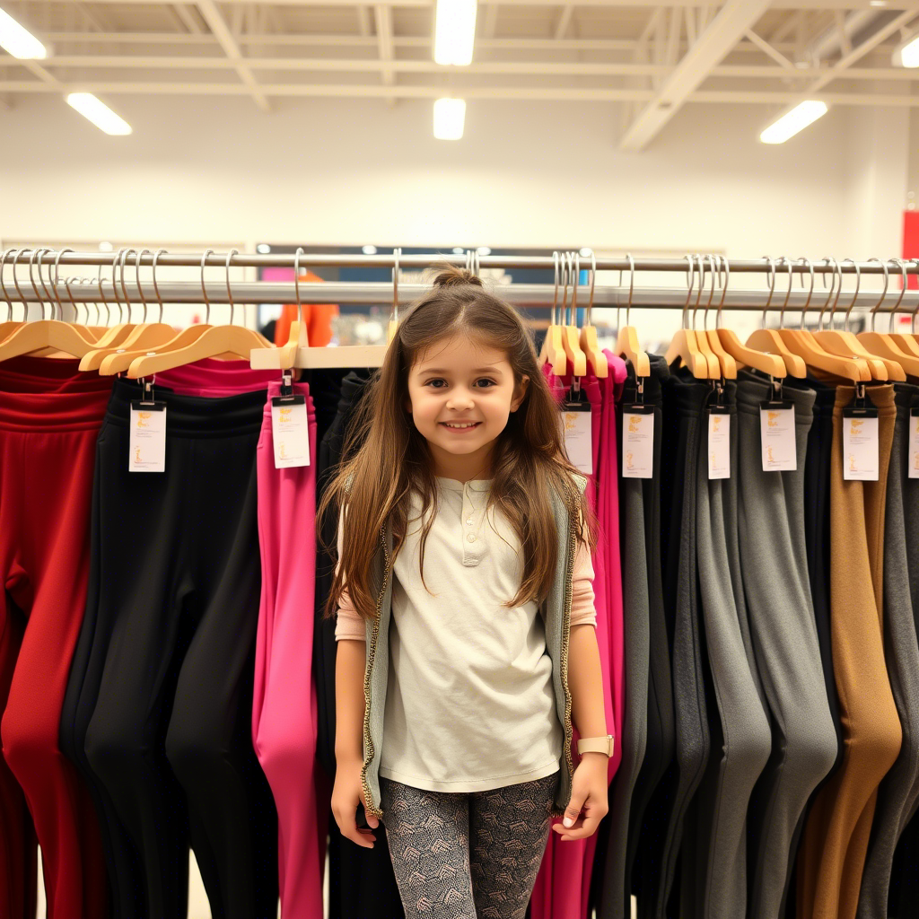 Fashionable girl showcasing assorted leggings for wholesale on a rack