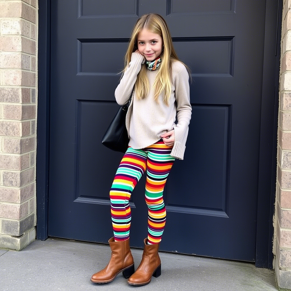Fashionable girl wearing colorful striped leggings and boots