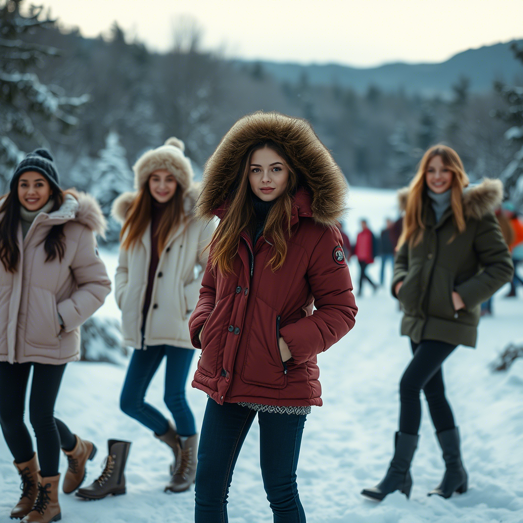 Fashionable girls modeling various jackets in a winter wonderland