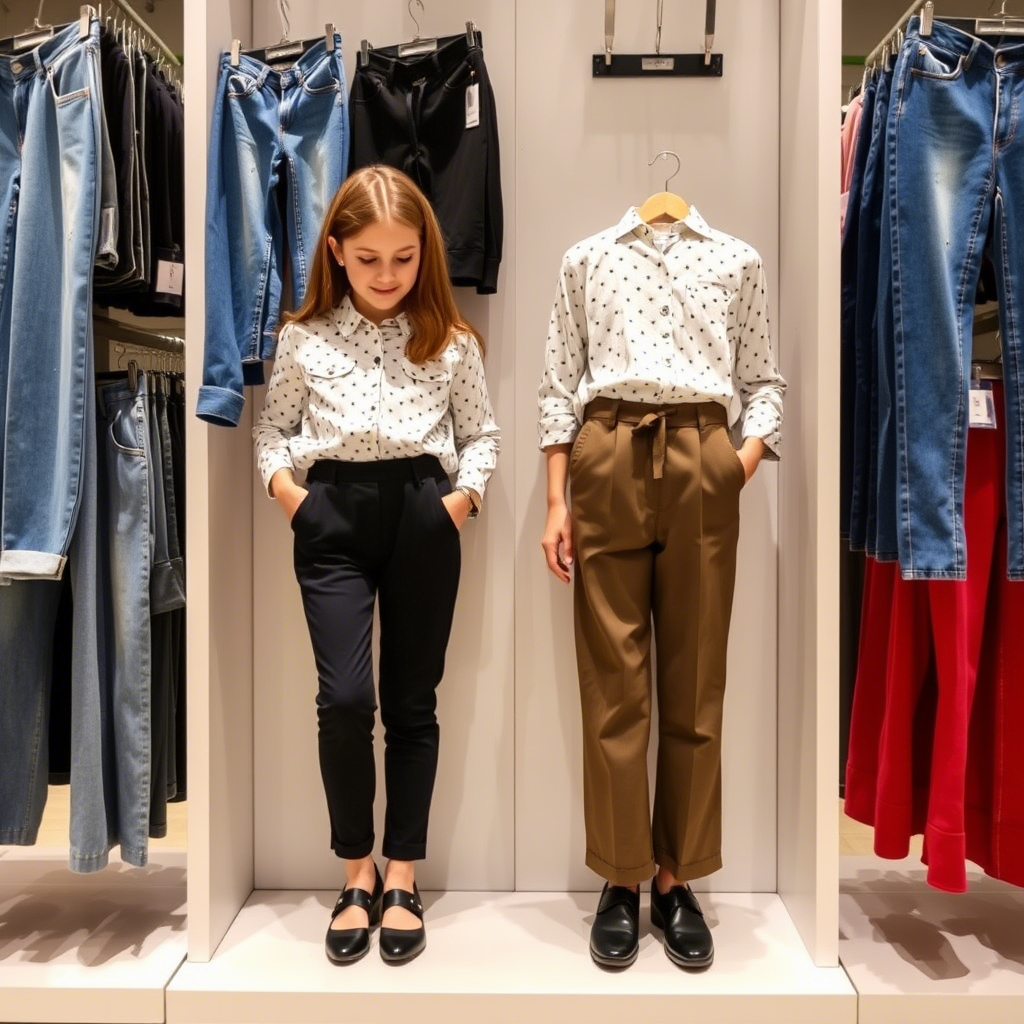 Fashionable girls’ pants displayed on a retail store rack