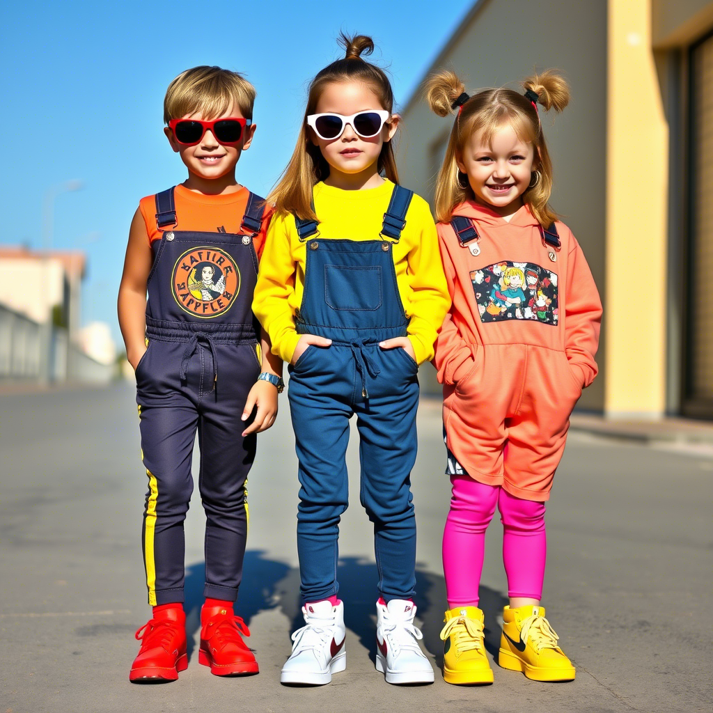 Fashionable kids in vibrant jumpsuits and leggings, showcasing stylish streetwear