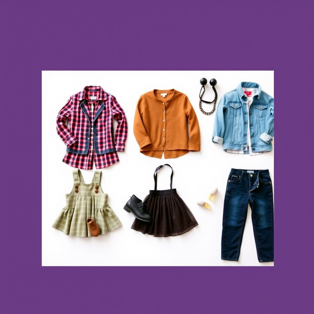 Fashionable kids outfits arranged on a clean white background
