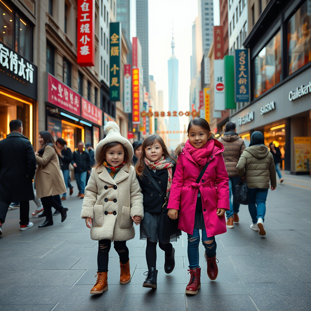 Fashionable kids walking hand-in-hand in a trendy Shanghai shopping district