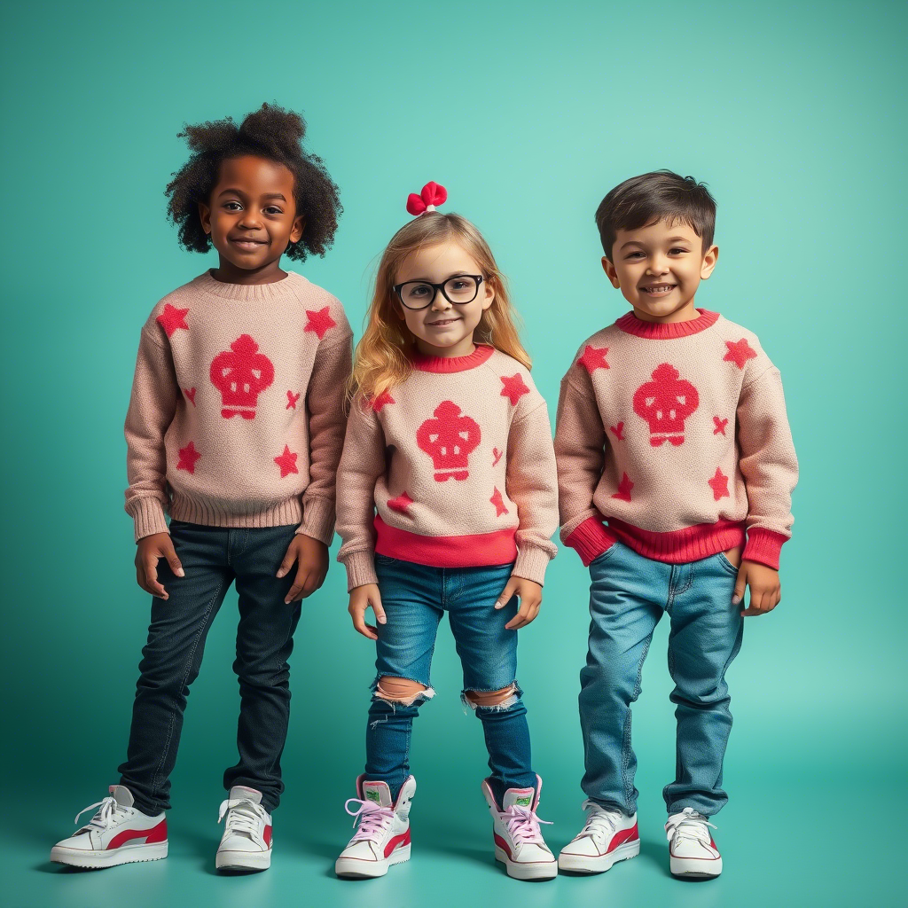Fashionable kids wearing jeans and matching sweaters in a lively setting