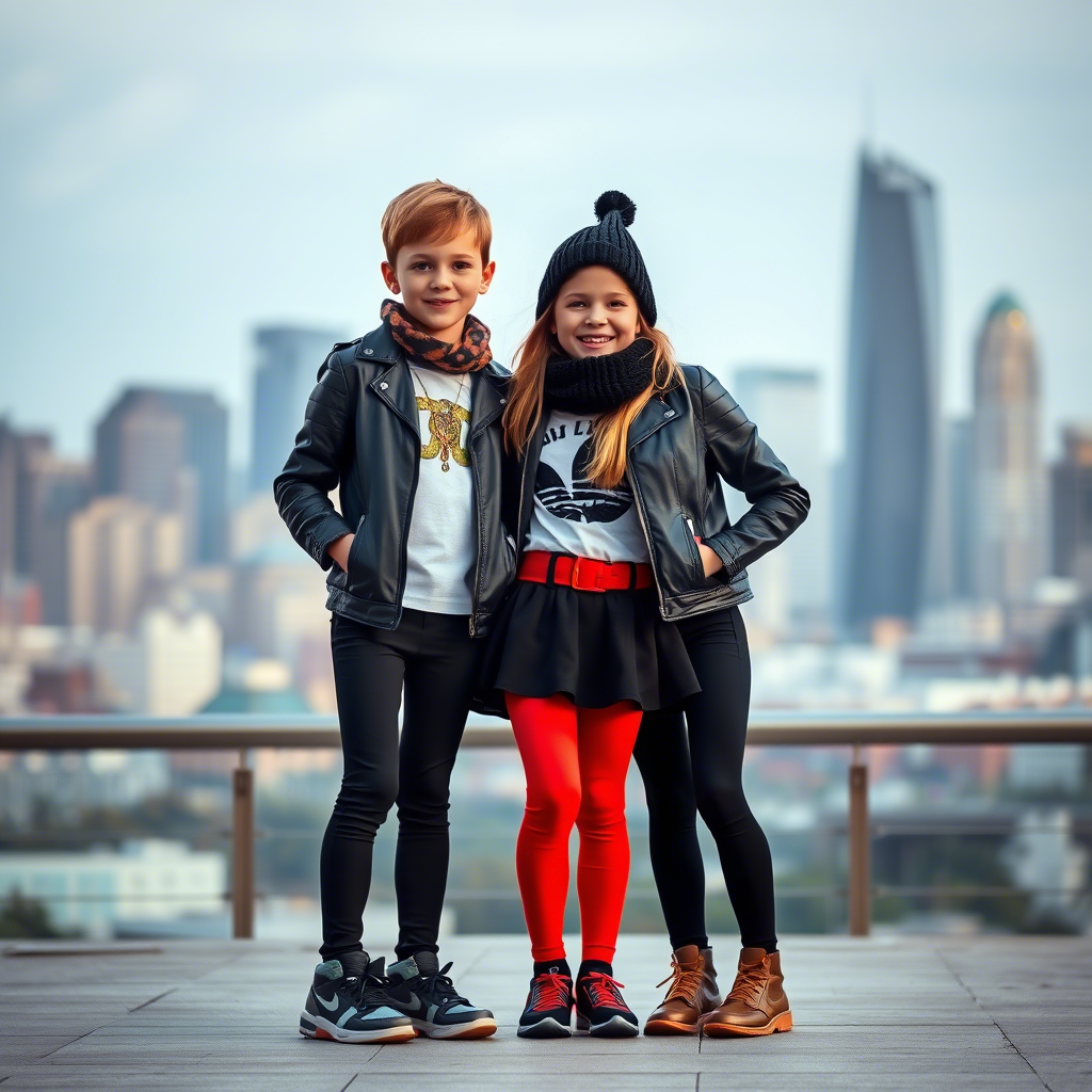 Fashionable kids wearing leggings and tights, standing in front of a city backdrop