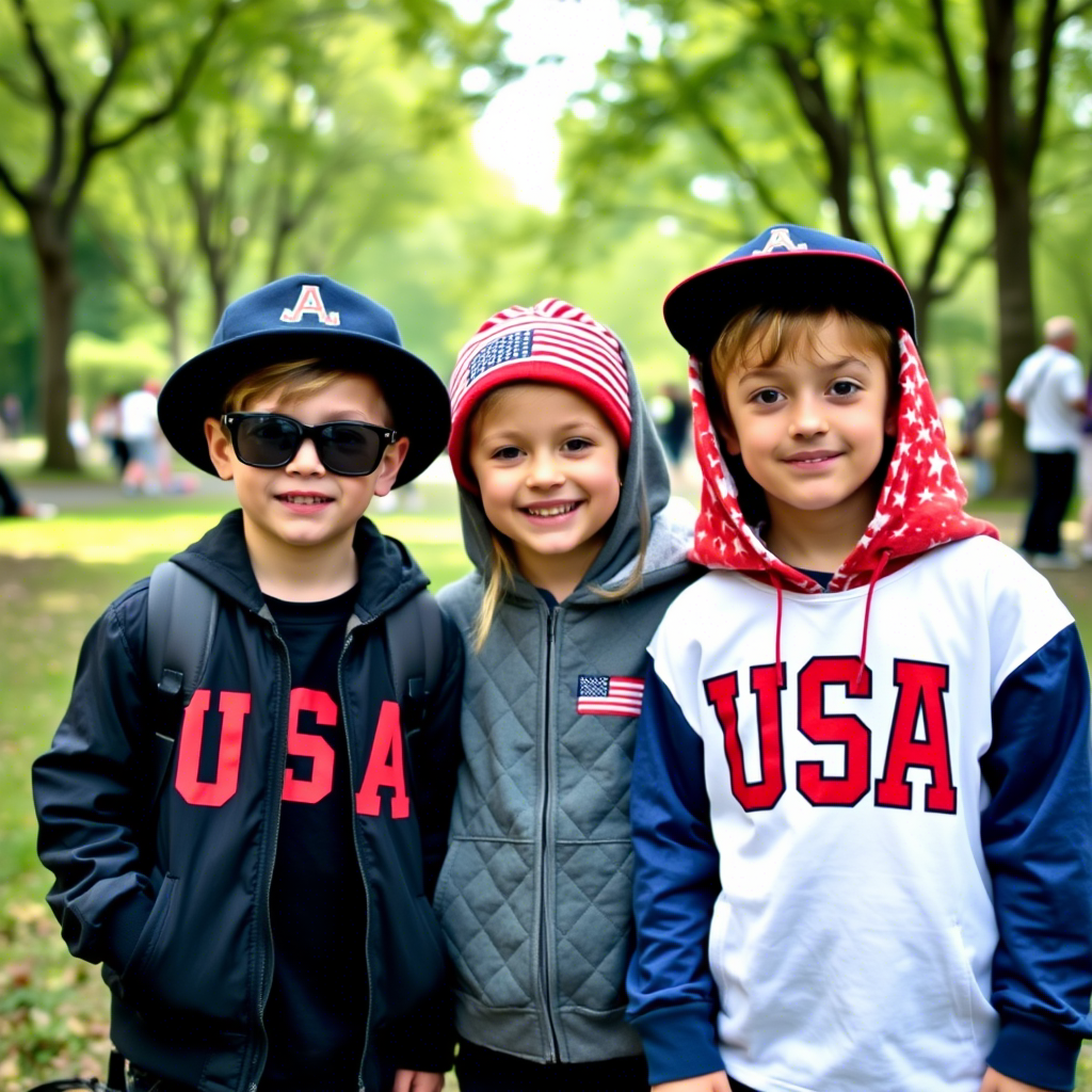 Fashionable kids wearing USA branded clothing in a New York park