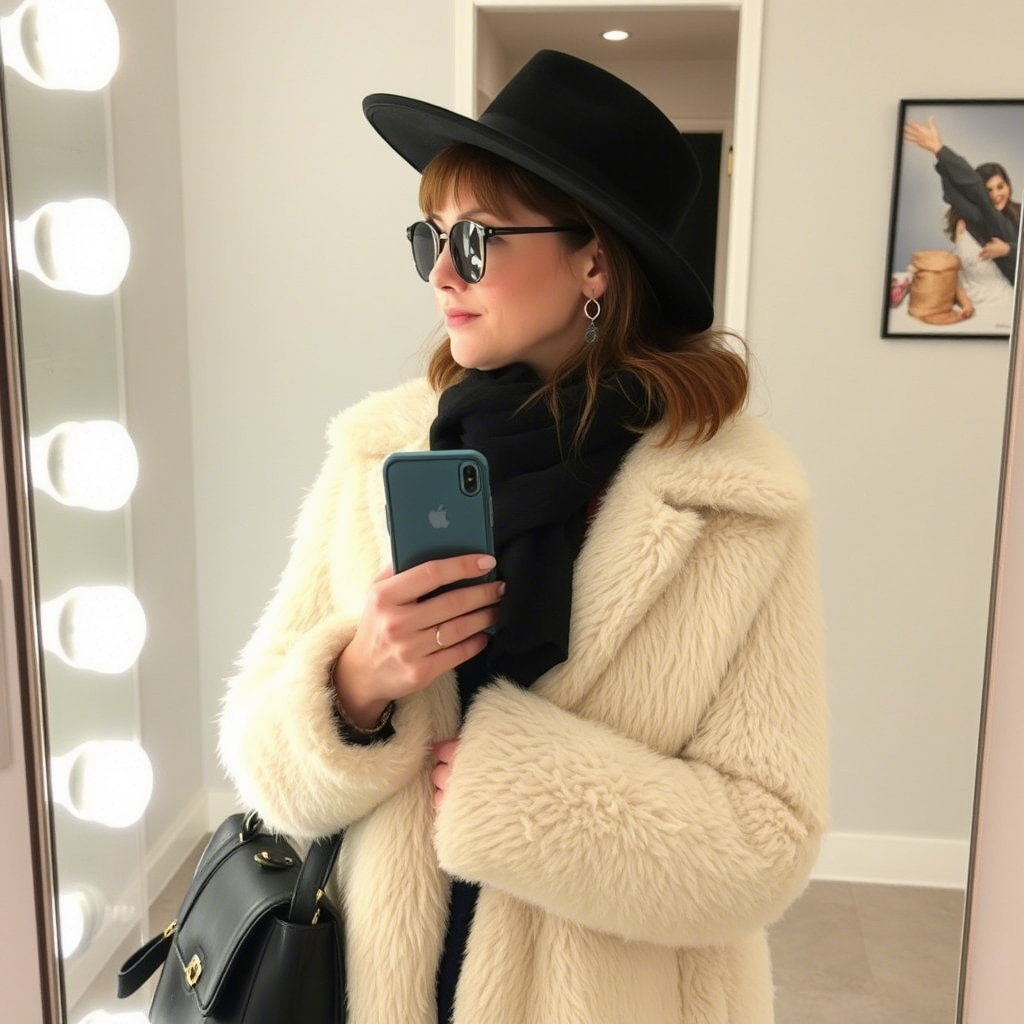 Fashionable person trying on holiday outfit in front of a mirror