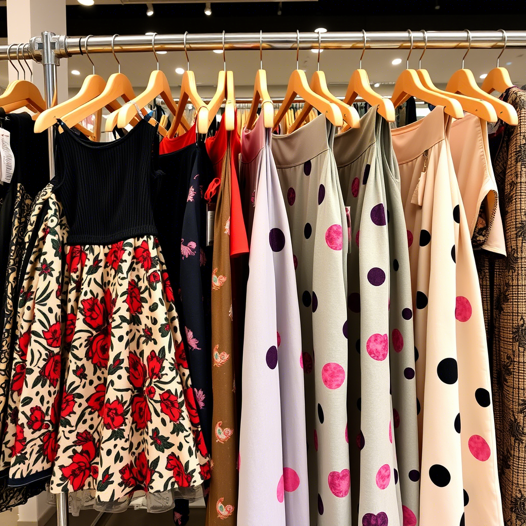 Fashionable skirts displayed on a clothing store rack