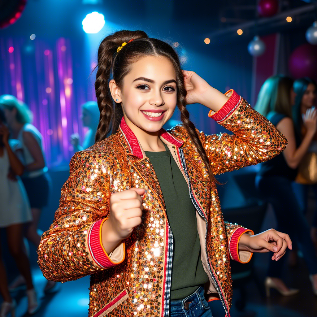 Fashionable teenage girl in sparkly sequin jacket dancing at a party