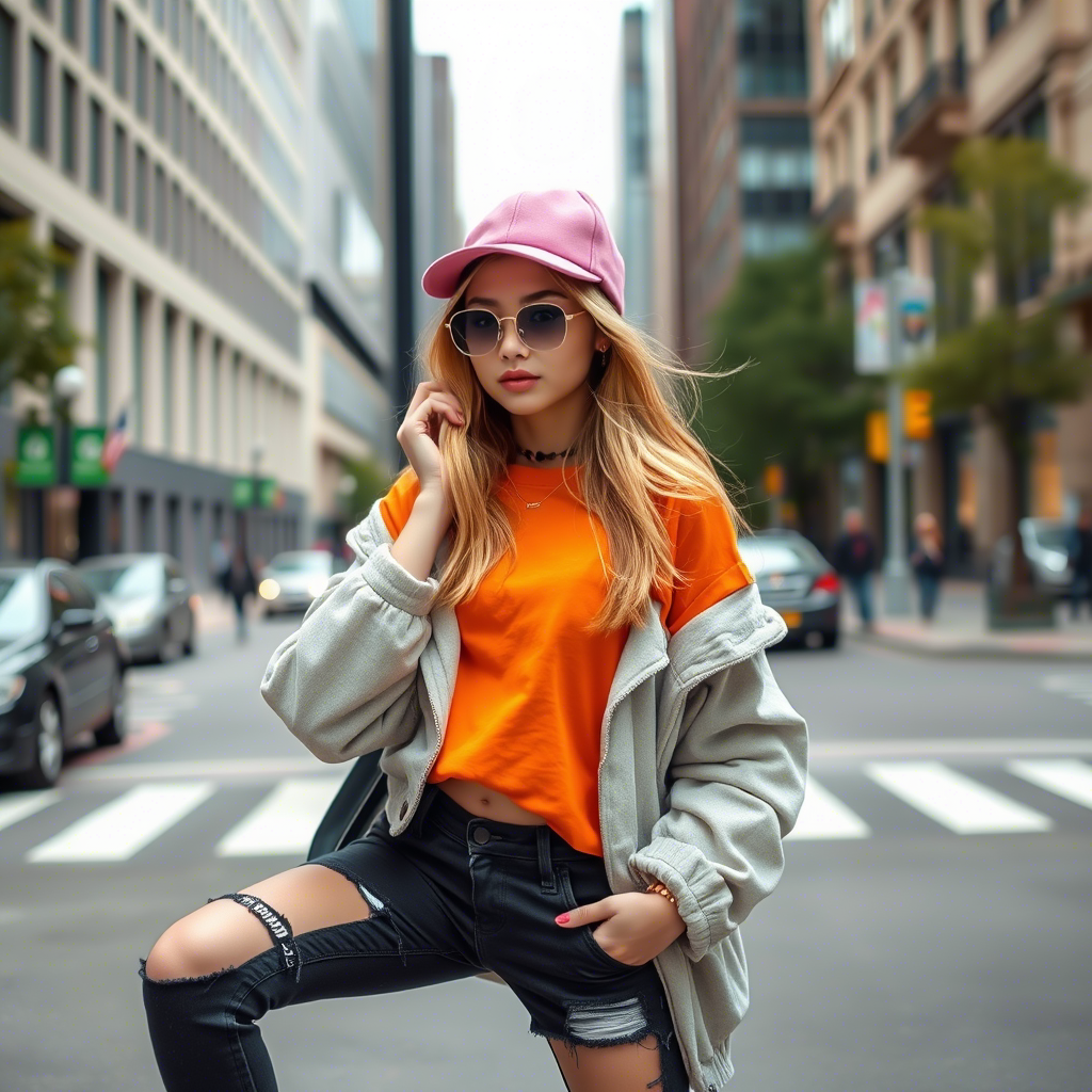 Fashionable teenage girl in stylish streetwear posing in the city