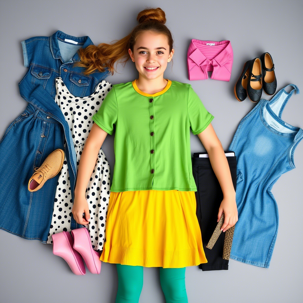 Fashionable teenage girl showcasing wholesale dresses and leggings in a stylish flat lay