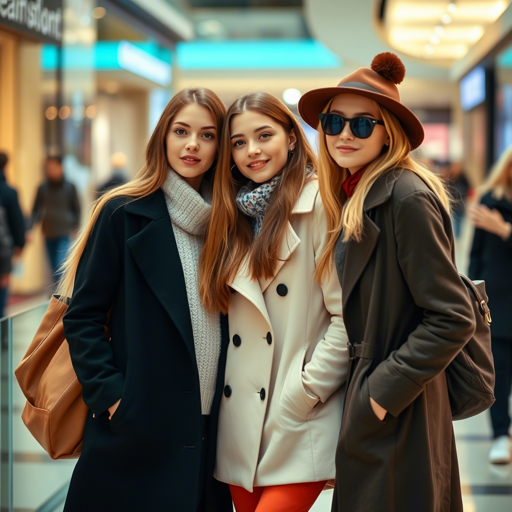 Fashionable teenage girls wearing stylish coats in a shopping mall