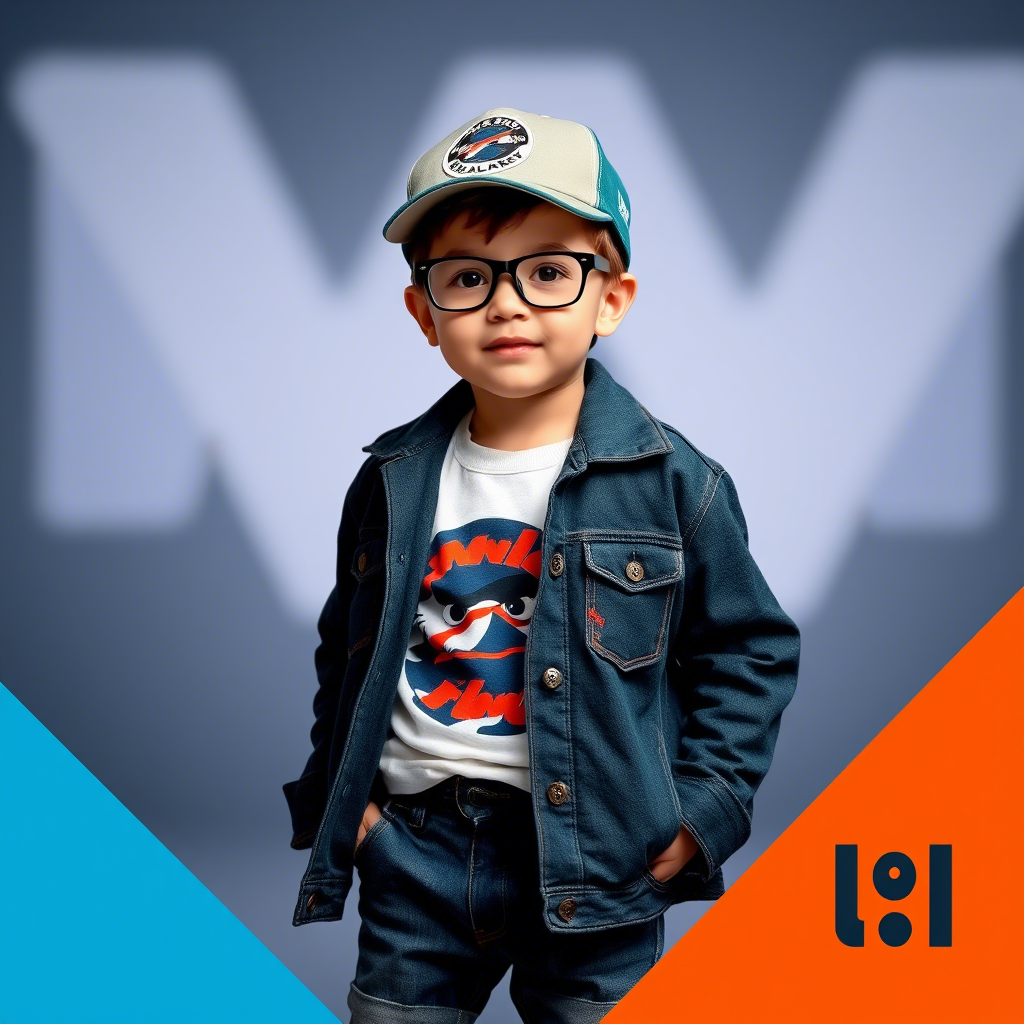 Fashionable toddler boy in casual clothing posing for ad campaign