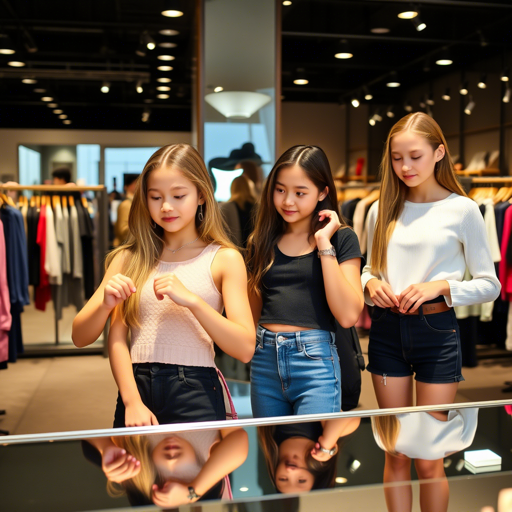 Fashionable young girls trying on trendy tops in a store