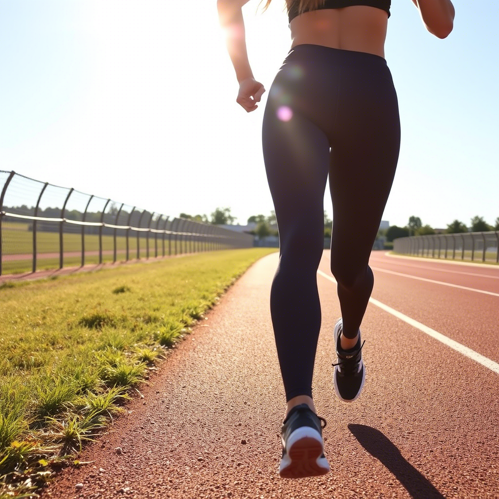 Female athlete in compression leggings running on a sunny track